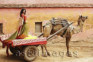 Asia Images Group - woman in sari standing on camel cart
