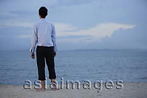 Asia Images Group - Businessman standing on beach in evening looking at ships