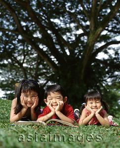 Asia Images Group - Three children lying down on grass with a book