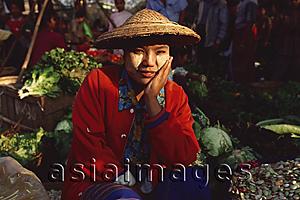 Asia Images Group - Myanmar (Burma), Sangaing, Vegetable seller at morning market.