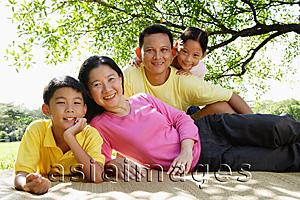 Asia Images Group - Family on picnic mat, looking at camera