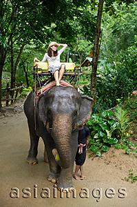 Asia Images Group - Young woman sitting on top of elephant, hand on head,  Phuket, Thailand