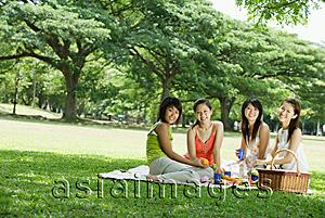Asia Images Group - Young women having picnic, smiling at camera