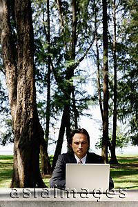 Asia Images Group - Businessman in park, using laptop