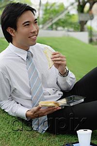 AsiaPix - Businessman sitting on grass in park, having sandwich lunch
