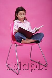 AsiaPix - Girl on chair, reading a book, frowning