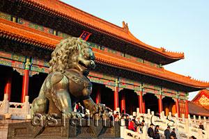 Asia Images Group - Palace Museum or Forbidden City,Bronze Lion Statue in Front of the Gate of Supreme Harmony. Beijing, China